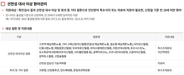 보건복지부 '선천성대사이상 검사 및 환아관리' 사업의 지원 대상 질환과 지원 내용. 선천성 대사이상 질환에는 특수조제분유·저단백밥, 크론병 등 희귀·기타 질환에는 특수조제분유가 지원된다. 선천성 갑상선기능저하증은 의료비 지원 대상으로 구분된다. /강남구보건소 홈페이지 캡처