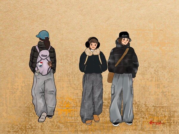 올 겨울 최고의 인기 패션은 숏패딩과 회색 추리닝 바지라는 사실을 거리에서 확인 할 수 있다. /그림=홍미옥, 아이패드로 그림