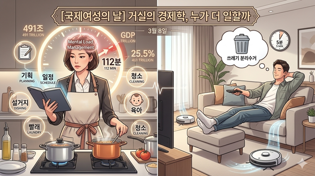한국의 무급 가사노동 72.5%를 여성이 홀로 담당하고 있다. /구글 나노바나나 생성 이미지