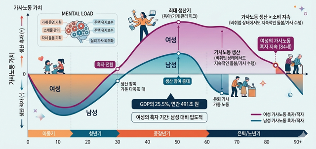 생애주기별 가사노동 생산-소비곡선. 여성이 84세까지 생산자로 남는 현실을 보여준다. /구글 나노바나나 생성 인포그래픽