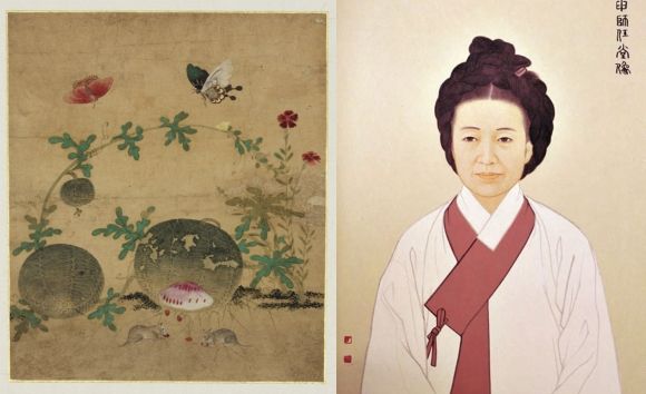 신사임당의 초충도(왼쪽), 이종상 서울대 명예교수가 그린 사임당 영정 /연합뉴스