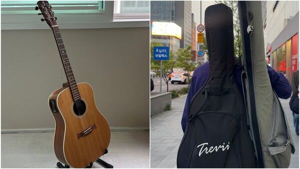 필자의 35만원 픽업 기타와 기타를 메고 합주를 가는 모습 /권혁주