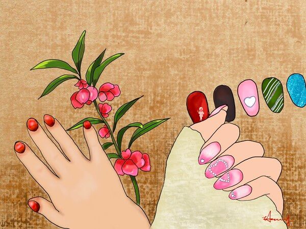 봉숭아꽃물로 곱게 물들인 손톱(왼쪽), 하트모양의 디자인으로 마음을 표현하는 요즘 네일아트 /그림=홍미옥, 아이패드로 그림