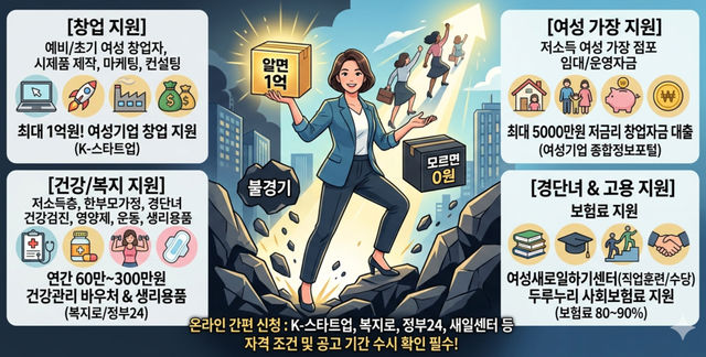최대 1억원 창업지원금, 저금리 창업자금, 건강관리 바우처, 사회보험료 지원 등이 있다. /구글 나노바나나 생성