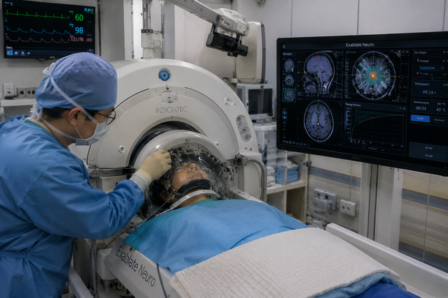 고집적초음파뇌수술에서 환자가 MRI 장비 안에 누운 상태로 초음파 에너지를 뇌 특정 부위에 집중시키는 치료 장면을 표현한 이미지 /챗GPT로 생성