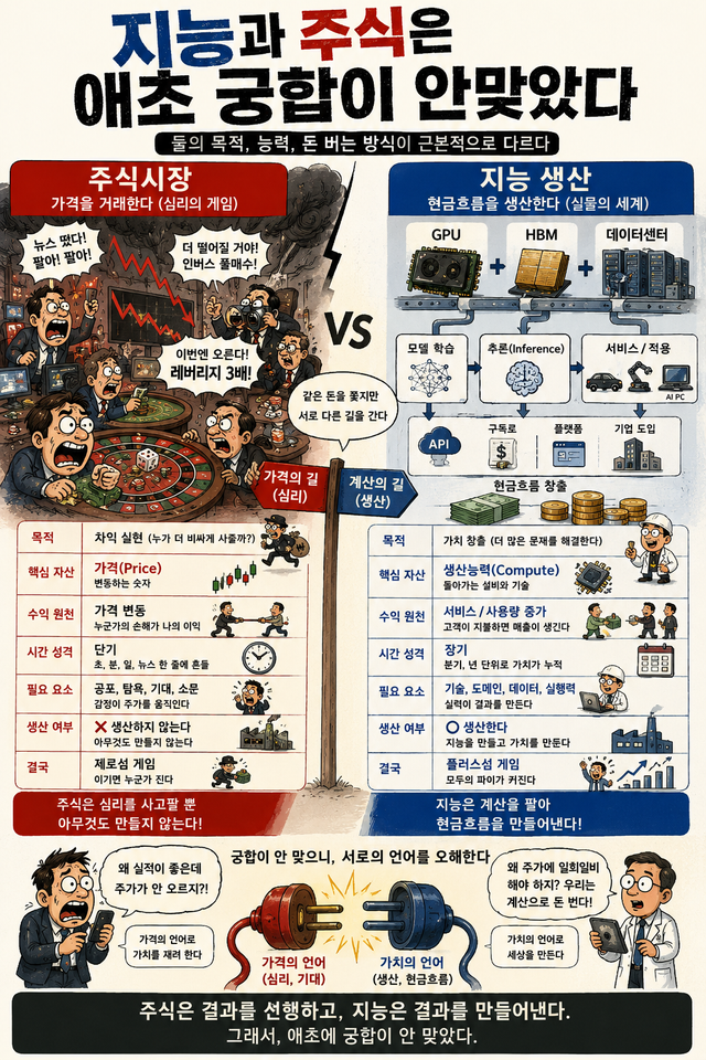 주식시장과 지능 산업이 애초부터 서로 다른 원리로 작동한다는 점을 대비해 보여준다. 주식시장은 기대와 공포, 레버리지, 군집심리에 따라 가격을 거래하지만 실제 생산에는 기여하지 않는다. 반면 AI 산업은 GPU와 메모리, 데이터센터를 기반으로 지능을 생산하고 이를 추론 서비스와 자동차, 로봇, AI PC 등 현실 세계에 배치하며 현금흐름을 창출한다. 결국 주가는 심리를 사고파는 시장이라면 지능은 계산을 팔아 가치를 만드는 산업이라는 점에서 두 체계는 처음부터 같은 기준으로 평가할 수 없는 구조다. / GPT-5.5