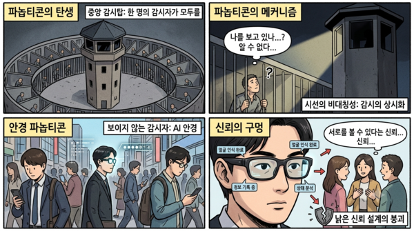 2. 파놉티콘의 감시 구조와 AI 안경이 만드는 시선의 비대칭을 비교한 이미지. AI 생성 이미지 /제미나이