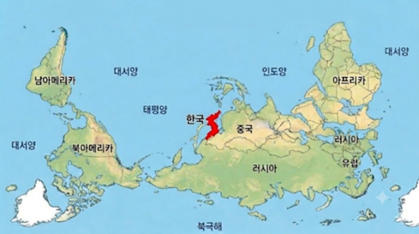 온 세계를 향해 뻗어 나가야 할 한국의 미래. 거꾸로 본 세계지도에서 한국이 세계의 중심이다. /구글 제미나이