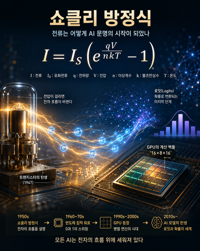 1949년 윌리엄 쇼클리가 제시한 다이오드 방정식은 전자가 반도체 접합을 통과하는 원리를 설명한 수식이다. 이 작은 물리 법칙은 트랜지스터와 집적회로, GPU와 HBM으로 이어지며 오늘날 AI를 움직이는 계산 인프라의 출발점이 됐다. AI는 트랜스포머에서 시작된 것이 아니라 전자의 흐름을 수식으로 설명한 '지능의 물리학' 위에서 시작됐다. /GPT-5.5