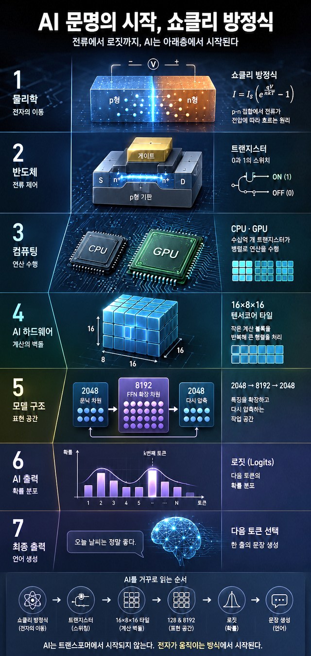 AI는 트랜스포머나 챗봇에서 시작되지 않는다. 쇼클리 방정식이 설명한 전자의 이동은 트랜지스터를 만들고, 트랜지스터는 CPU와 GPU, 16×8×16 텐서코어, 2048·8192 차원의 계산 공간을 거쳐 로짓과 문장 생성으로 이어진다. 생성형 AI는 결국 전류를 계산으로, 계산을 확률로, 확률을 언어로 바꾸는 '지능의 물리학' 위에 세워진 문명이다. / GPT-5.5