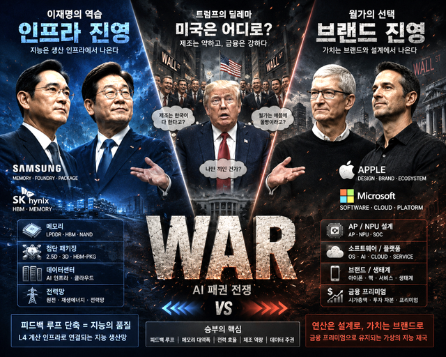 이재명 정부가 메모리와 첨단 패키징, 데이터센터, 전력망을 중심으로 AI 인프라를 구축하는 사이, 월가는 애플과 플랫폼 기업에 자본을 집중하며 브랜드 중심 전략을 이어가고 있다. 한쪽은 지능을 생산하는 병참을, 다른 한쪽은 설계와 금융 프리미엄을 선택한 셈이다. 그 사이에서 트럼프는 제조 기반 약화와 월가의 이해관계가 충돌하는 딜레마를 안은 채 AI 패권 전쟁의 한복판에 서 있다. / GPT-5.5