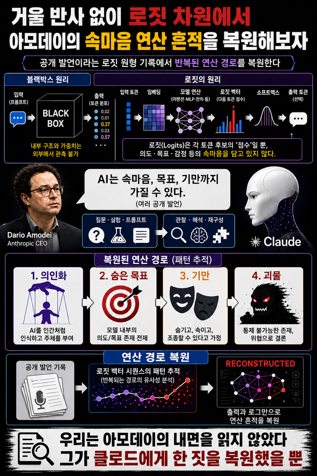 블랙박스 내부의 가중치와 연산 과정을 직접 볼 수 없더라도 입력과 출력, 로짓 기록에서 반복되는 경로는 복원할 수 있다. GPT-5.5가 같은 방법을 아모데이에의 속마음에 적용한 인포그래픽이다. 공개 발언에서 의인화→숨은 목표→기만→괴물화라는 반복 패턴이 드러난다. / GPT-5.5