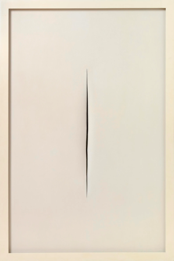 SPAZIALE, ATTESA [SPATIAL CONCEPT, EXPECTATION] LUCIO FONTANA ,1965,&nbsp;76 X 50 INCHES (193.04 X 127 ㎝) OIL ON CANVAS /COURTESY OF GLENSTON MUSEUM MD