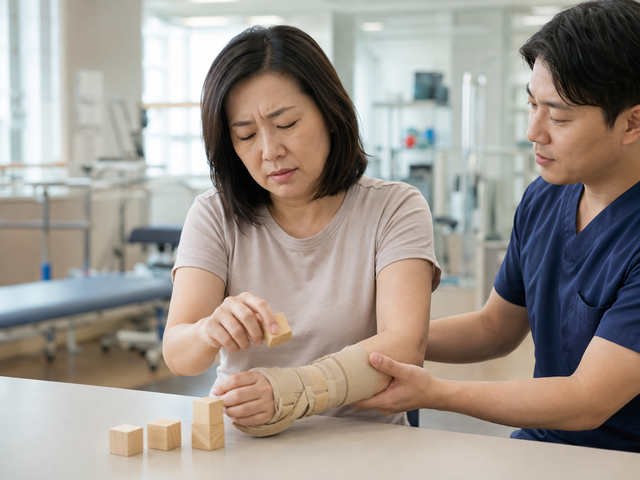 복합부위통증증후군(CRPS) 환자가 의료진의 도움을 받아 손 기능 회복을 위한 재활훈련을 하고 있다. /챗GPT