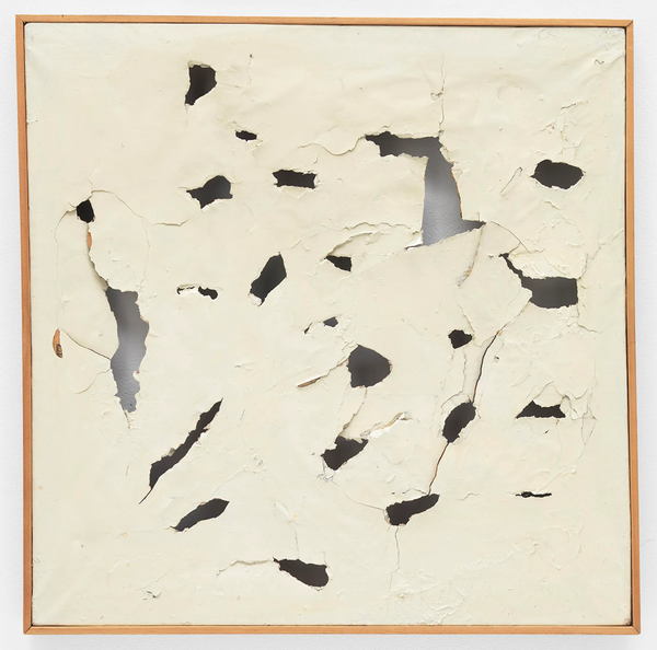 UTNTITLED(WHITE), SHOZO SHIMAMOTO, 1955, PAINT, NEWSPAPER, AND WOOD, FRAMED 24 1/4 X 24 1/4 X 1 1/2 INCHES /COURTESY OF GLENSTONE MUSEUM MD