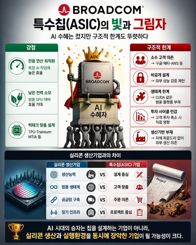 특수칩(ASIC)은 특정 작업에 최적화된 높은 성능과 전력 효율을 제공하지만, 소수 고객 의존과 비공개 설계, 제한된 생태계라는 구조적 한계도 함께 안고 있다. AI 투자 확대의 수혜를 크게 받았지만 자체 생산기반과 범용 플랫폼을 갖춘 기업과는 산업적 성격이 다르며, 고객 투자와 시장 환경 변화에 따라 변동성이 크게 확대될 수 있다는 점이 가장 큰 위험 요인으로 꼽힌다. / GPT-5.5
