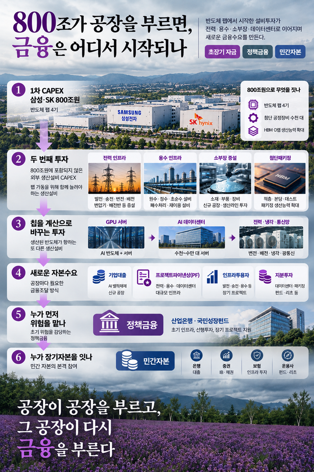 삼성전자와 SK하이닉스의 800조원 규모 반도체 설비투자가 전력·용수·소부장·첨단패키징과 AI 데이터센터(AIDC)의 추가 설비투자로 이어지고, 다시 정책금융과 민간 장기자본의 금융수요를 만들어내는 과정을 나타낸 인포그래픽. 반도체 팹에서 시작한 1차 CAPEX가 다른 생산설비를 부르는 ‘두 번째 투자’로 확장되는 구조다. /여성경제신문