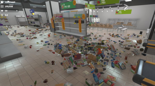 <Supermarket Chaos>를 직접 플레이해봤다. 게임을 시작하자 매장 바닥에는 상품들이 발 디딜 틈 없이 흩어져 있었다. /김성하 기자