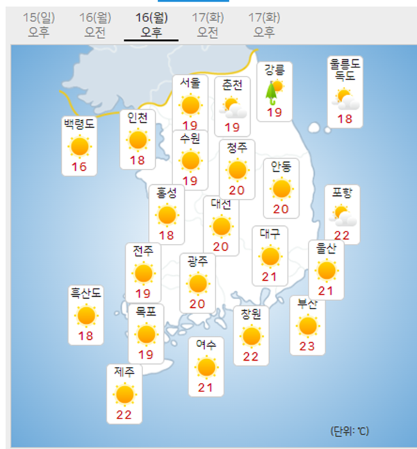 16일 월요일 날씨예보 (기상청 제공)