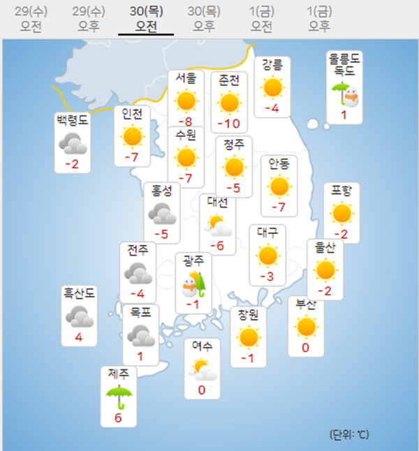 30일 목요일 내일날씨 (기상청 제공)