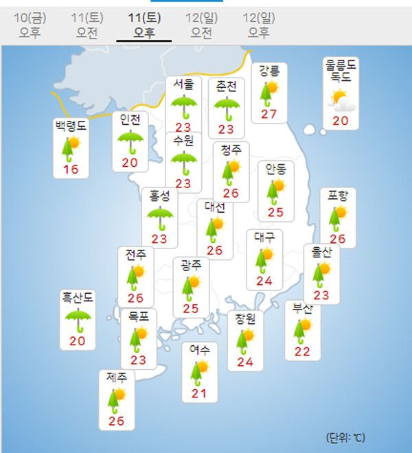 5월 11일 토요일 날씨예보 (기상청 제공)