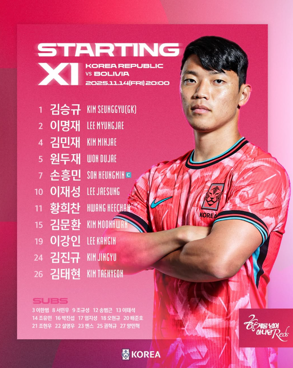 한국 볼리비아 축구 평가전 선발 라인업 명단 / KFA 제공&nbsp;
