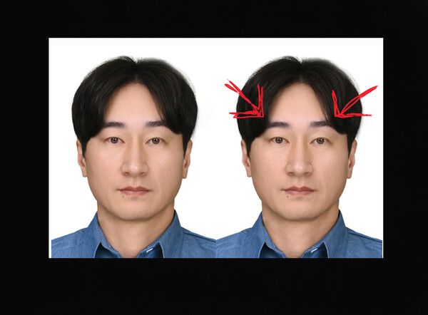 여권사진규격 3.5-4.5cm, 규정 (눈썹이 머리카락에 가려져 시청 민원실 여권과에서 거절된 사진임)