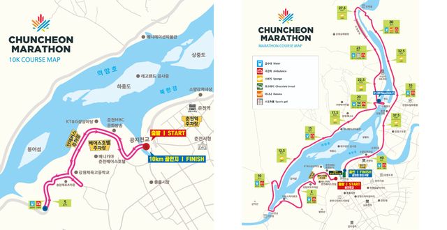 2023 춘천마라톤 코스표 = 10km(좌) / 풀코스 (우) = 이미지 '조선일보' 제공