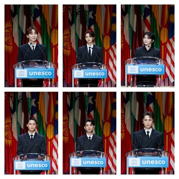 &nbsp;아이돌 그룹&nbsp;세븐틴이 14일(현지시간) 프랑스 파리 유네스코 본부에서 열린 제13회 청년포럼에서 단독 연설과 공연을 펼쳤다. (사진 출처 : 플레디스엔터테인먼트)