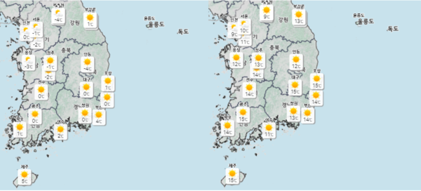 (왼) 토요일 오전 전국 기온, 오후 전국 기온 (사진출처 : 기상청)