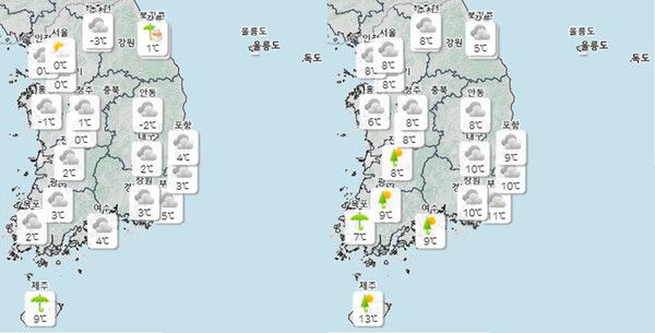 (왼) 3일 토요일 오전 날씨 예보 / 오후 날씨 예보 (사진 출처 : 기상청)