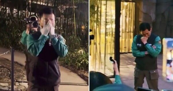 푸바오 퇴근길 아쉬워하는 관람객들 앞에서 눈물을 보인 두 사육사. (사진 출처 : SNS)