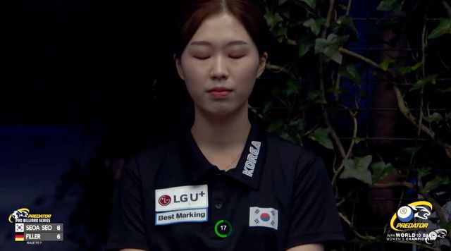 아쉽게도 마지막 세트 브레이크 샷에서 목적구가 들어가지 않자 패배를 직감하고 눈을 질끈 감은 서서아.&nbsp; 사진=프레데터TV 중계화면.