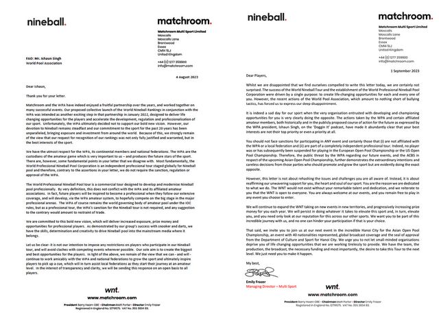 매치룸멀티스포츠에서 WPA 측과 포켓볼 선수들에게 발행한 공문.
