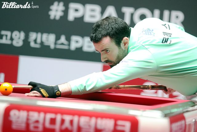 초클루-사카이의 퍼펙트큐가 실패로 돌아간 뒤 다음 5세트에서 NH농협카드의 안토니오 몬테스(스페인)가 이날 첫 퍼펙트큐를 성공했다.&nbsp; 사진=고양/이용휘 기자