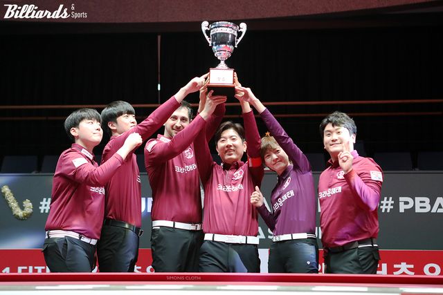 크라운해태가 마침내 NH농협카드를 꺾고 프로당구(PBA) 팀리그 4라운드에서 우승을 차지했다.&nbsp; &nbsp;사진=고양/이용휘 기자