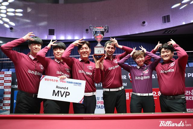 우승 트로피를 들고&nbsp;크라운해태 왕관을 만들어 보이고 있는 크라운해태 라온 선수들. 사진=고양/이용휘 기자