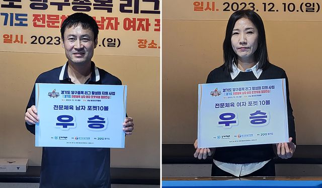 경기도 포켓10볼 챔피언십 남자부 우승 함원식과 여자부 우승 김혜영. 사진=경기도당구연맹 제공