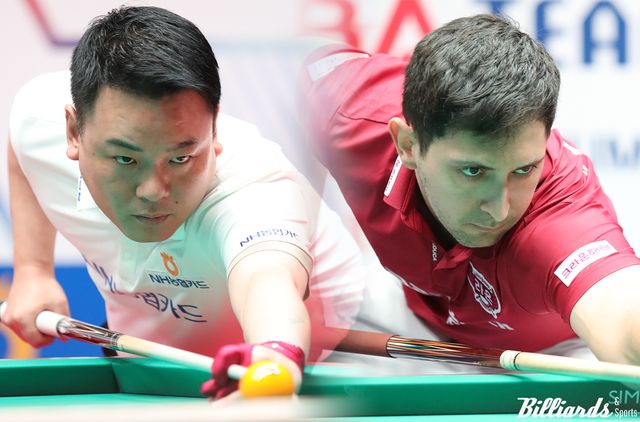 NH농협카드 주장 조재호(왼쪽)와 크라운해태 에이스 다비드 마르티네스(오른쪽)가 3세트 남자단식에서 맞붙는다.