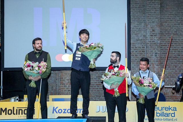 2019년 첫 베겔 당구월드컵은 김행직(전남-진도군청)이 우승했다. 왼쪽부터 준우승 륏피 체네트(튀르키예), 우승 김행직, 공동 3위 안토니오 몬테스(스페인)-쩐딴룩(베트남).