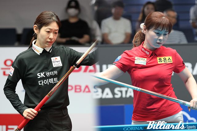 LPBA 5차 투어 '휴온스 챔피언십' PQ에 오른 히다 오리에(좌)와 이신영(우). 사진=빌리어즈앤스포츠DB