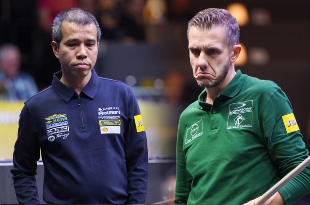 '베겔 3쿠션 당구월드컵' 준결승전 남은 두 자리를 쩐뀌엣찌엔(왼쪽)과 피터 클루망(오른쪽)의 대결로 채우면서 이번 대회 준결승전은 베트남 대 벨기에의 승부로 압축됐다. 앞서 열린&nbsp; 8강전에서는 프레데리크 쿠드롱과 응우옌쩐타인뚜가 승리를 거두고 준결승에서 대결한다.&nbsp; 사진=SOOP 제공