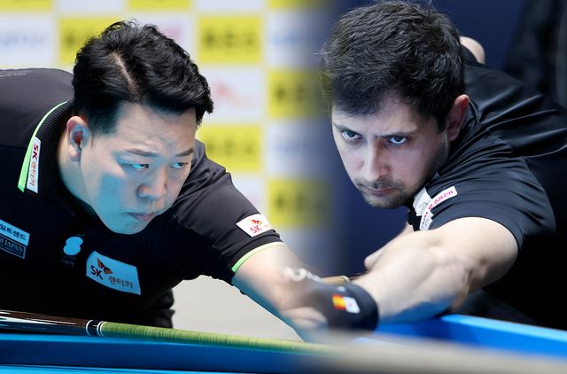 27일 열린 프로당구 시즌 5차 투어 '휴온스 PBA 챔피언십' 8강에서 승리하고 준결승에 진출한 강동궁(왼쪽)과 다비드 마르티네스(오른쪽). 두 선수는 이번 시즌 개인투어에서 우승과 준우승을 차지하며 좋은 활약을 보이고 있다.&nbsp; 사진=PBA 제공