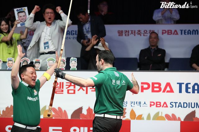 NH농협카드가 지난 3라운드를 우승하는 순간. NH농협카드는 2라운드에서 7위까지 떨어진 뒤 3라운드 초반 두 경기를 패하며 최악의 부진을 겪다가 이후 6연승을 달리며 우승트로피를 들어올렸다.&nbsp; 사진=빌리어즈앤스포츠 DB