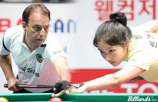 에스와이의 간판선수 다니엘 산체스(왼쪽)와 한지은(오른쪽). 에스와이는 두 선수가 밀고 당기며 2라운드와 3라운드 후반에 모두 3승 1패로 살아났다. 사진=빌리어즈앤스포츠 DB