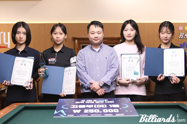 여자 고등부 입상자들. 왼쪽부터 공동3위 신수빈, 우승 채승은,&nbsp;SOOP&nbsp;유준석 스포츠사업실장, 준우승 백가인, 공동3위 이호린.&nbsp;