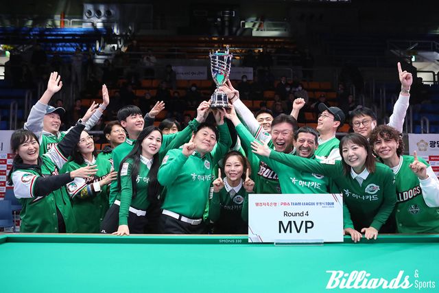우승 트로피를 받은 하나카드 하나페이 선수단과 구단 관계자 및 서포터즈와의 기념사진.