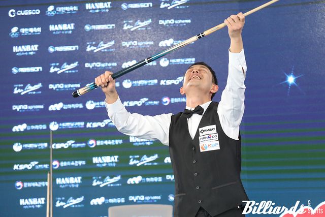 '원조 당구신동' 유승우(대전)가 '제2회 포켓9볼 한국오픈'에서 우승하며 우승상금 1000만원의 주인공이 됐다. 사진은 우승이 확정되자 환호하는 유승우. 사진=전주/이용휘 기자