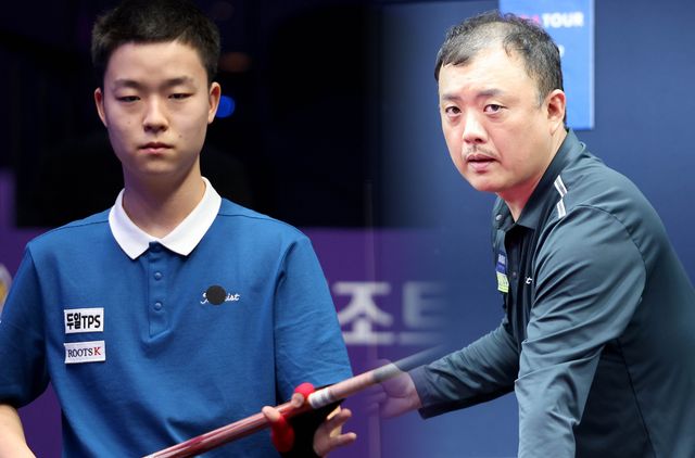 김영원(왼쪽)이 4차 투어 64강에서 패했던 신대권과 이번 7차 투어 32강에서 만났다.&nbsp; 사진=PBA 제공