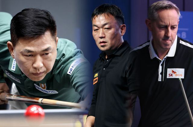 '베트남 광풍' 마민껌(NH농협카드)이 '해설위원 돌풍' 김현석(가운데)을 꺾고 16강에 올라가 '악연' 에디 레펀스(SK렌터카)와 진검승부를 벌인다.&nbsp; 사진=PBA 제공